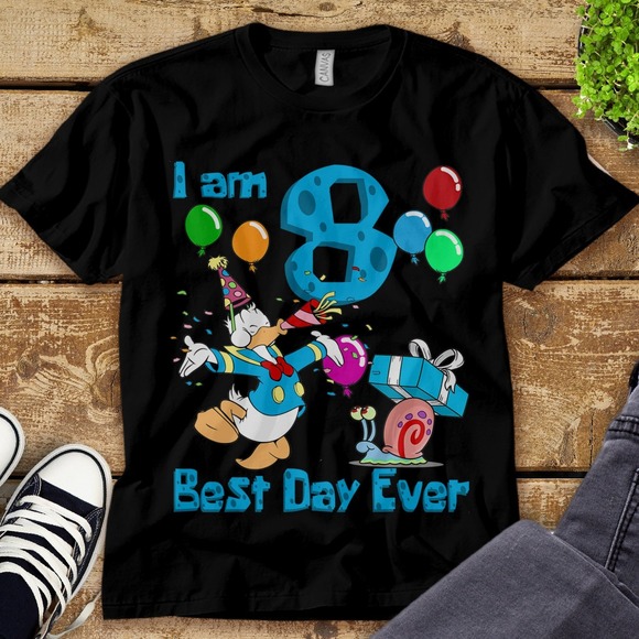 Donald Duck Birthday Party I'm 8 Best Day Ever 8th Birthday Unisex Tee T-shirt - Picture 1 of 2
